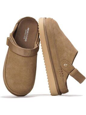 Women's Khaki Suede Closed Toe Goldstar Adjustable Strap Platform Clogs Mules